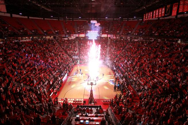 Fireworks go off during the UNLV vs Hawaii men's basketball game, Dec. 1, 2012.